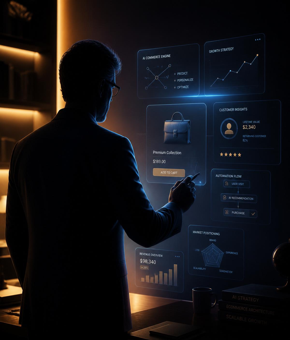 Portrait of Juan Robles working across an AI commerce workspace